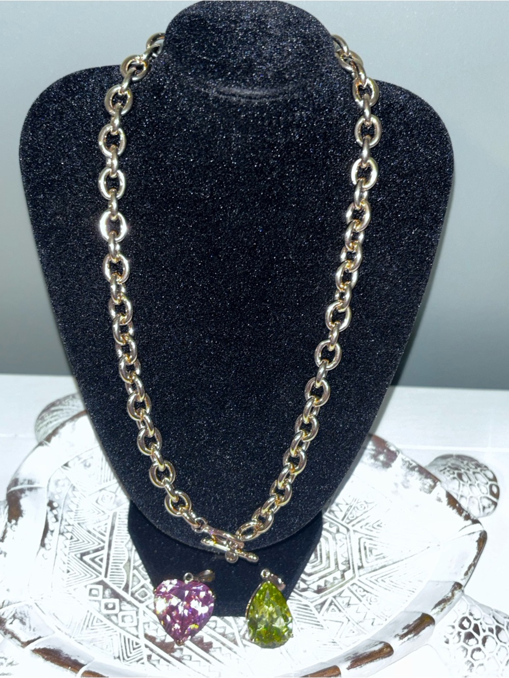 Juicy Couture Gold Tone Chain Necklace with Pink and Green Gemstone Charms